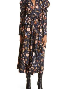 Ulla Johnson Navy Floral Puff-Sleeve Midi Dress